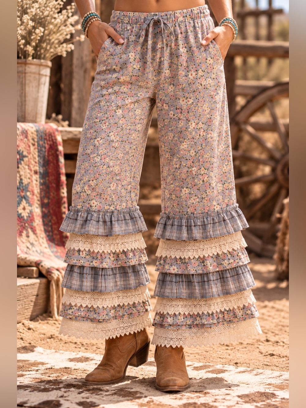 Bluevelvet washed blue floral embroidered patchwork ruffle bohemian boho pant